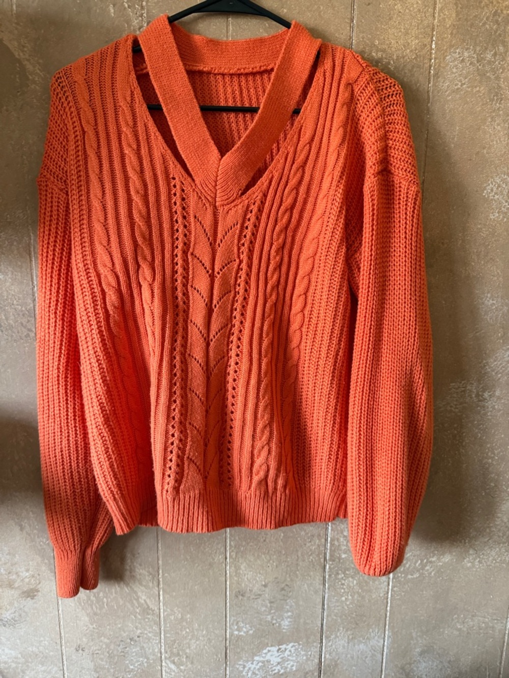 Women's Orange V-Neck Cable Knit Sweater